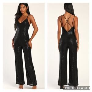 Lulus Isn't It Iconic Black Sequin Strappy V Neckline Sleeveless Jumpsuit XL